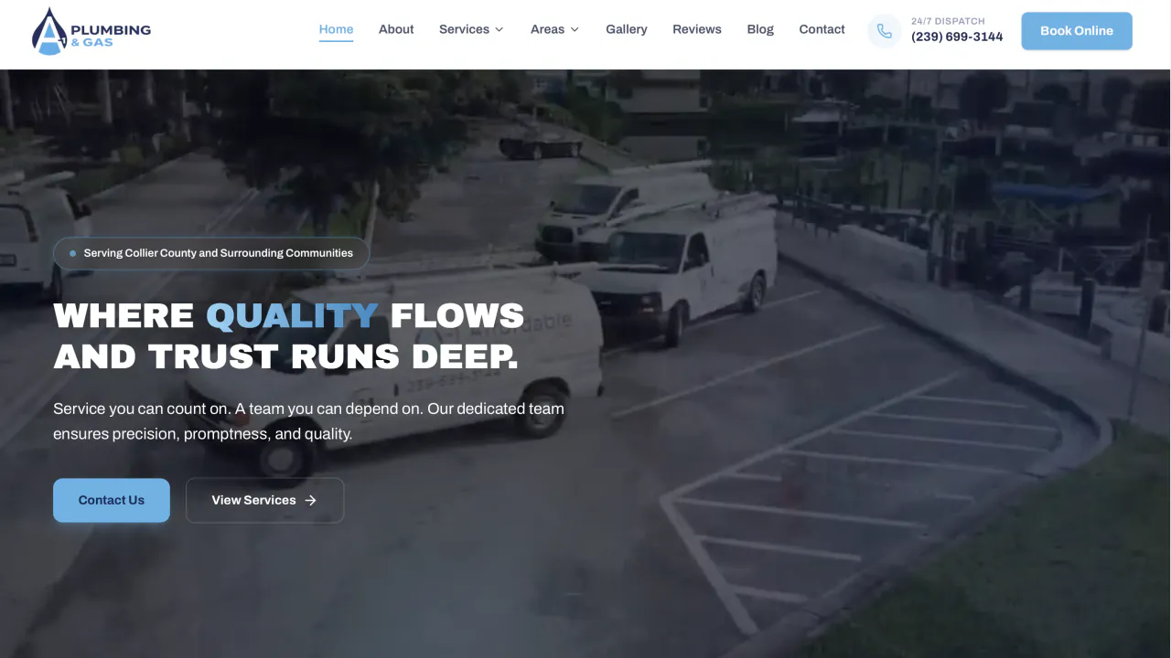 A1 Plumbing and Gas website homepage with prominent emergency phone number, service navigation, and online booking
