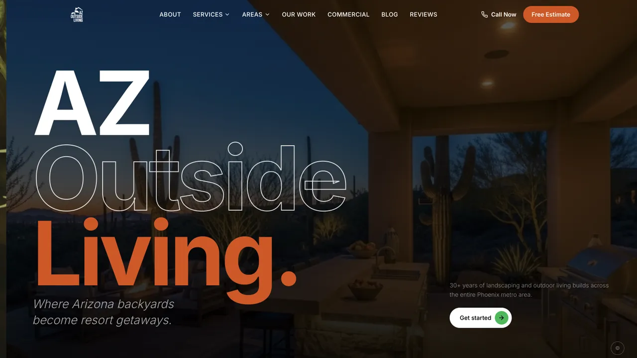 AZ Outside Living website homepage featuring an Arizona outdoor kitchen, desert landscaping, service navigation, and a free estimate call to action