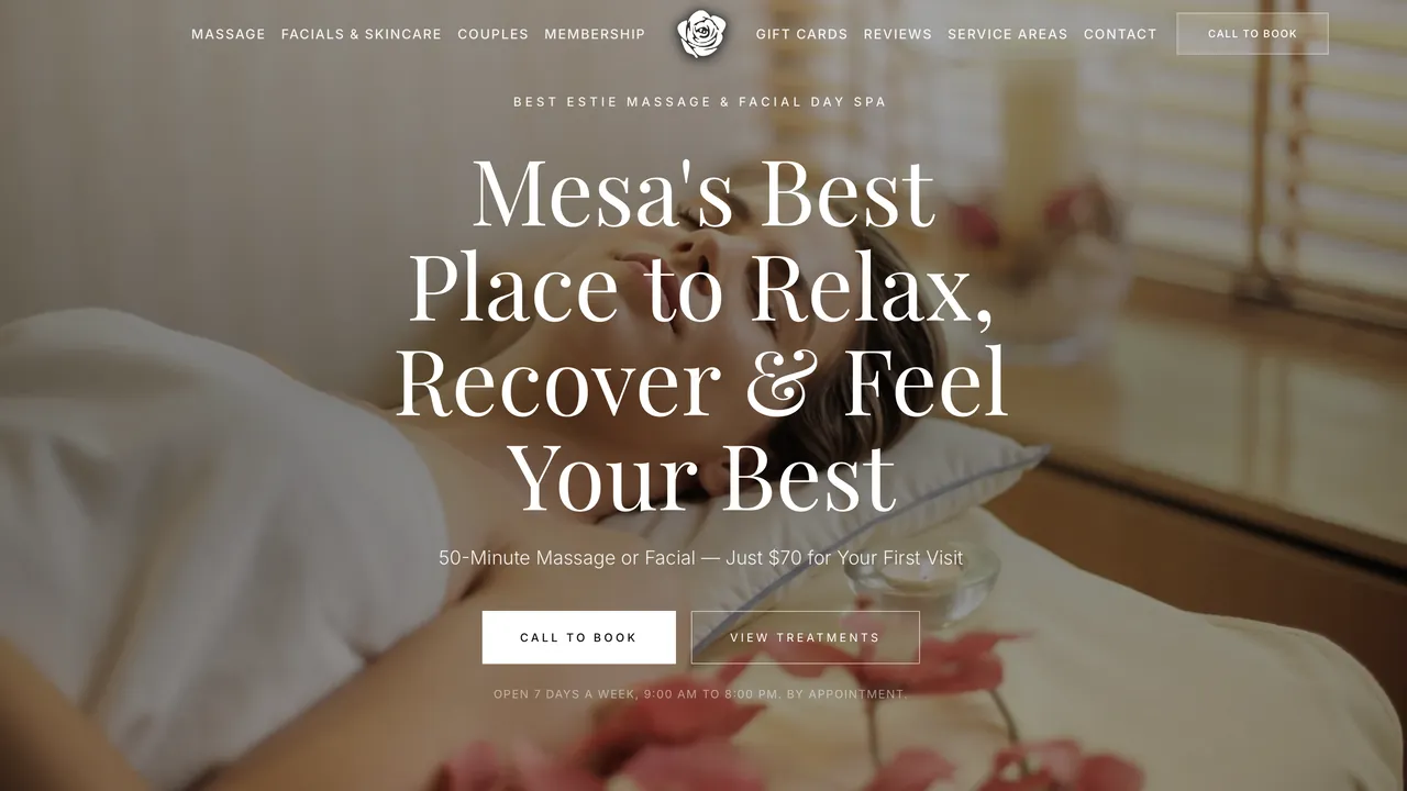 Best Estie Massage and Facial Day Spa website homepage with a Mesa relaxation message, treatment navigation, first-visit offer, and booking calls to action