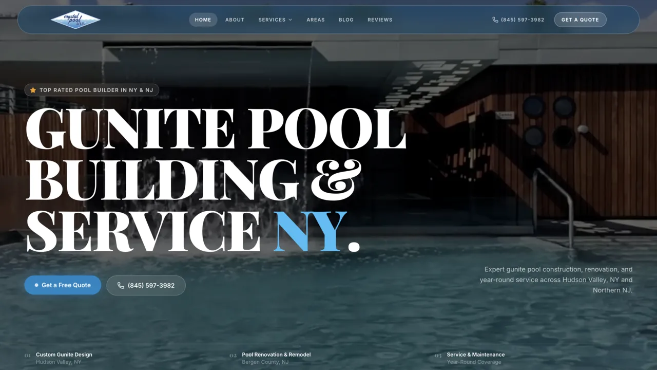 Crystal Pools website - top rated gunite pool builder in Hudson Valley NY and Northern NJ