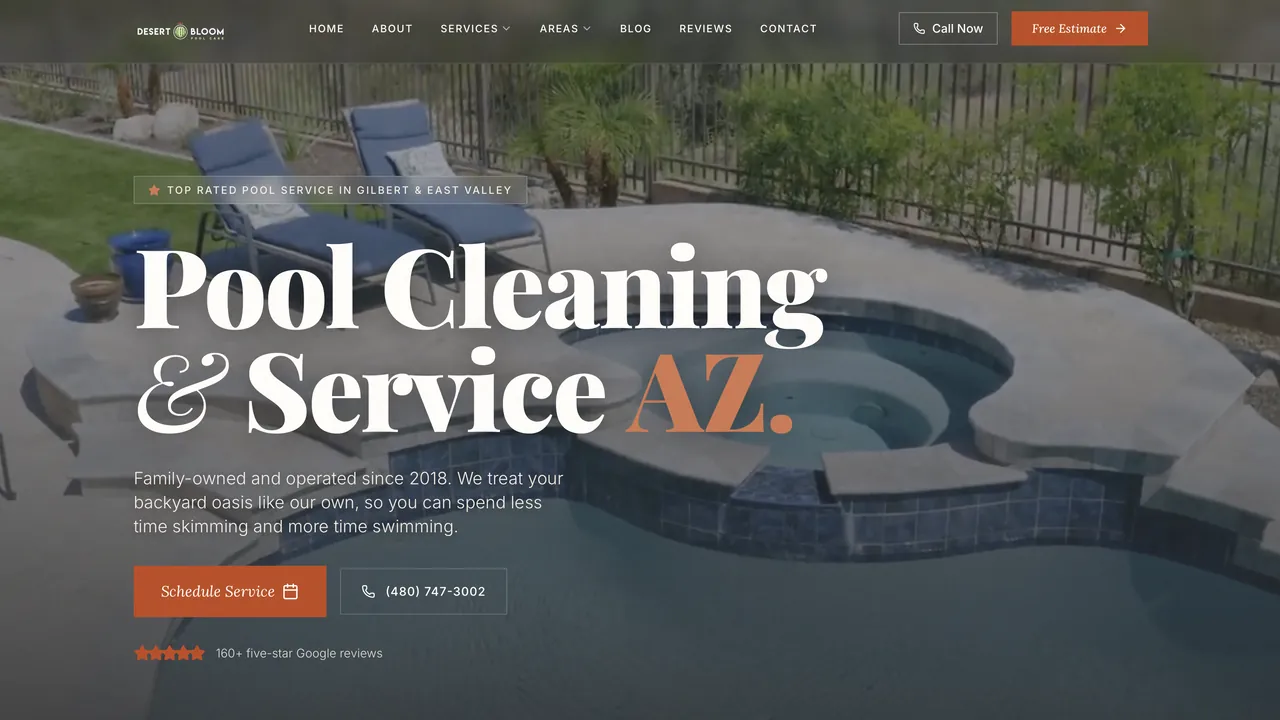 Desert Bloom Pool Care website homepage showing pool cleaning and service in Gilbert and the East Valley with scheduling and phone calls to action