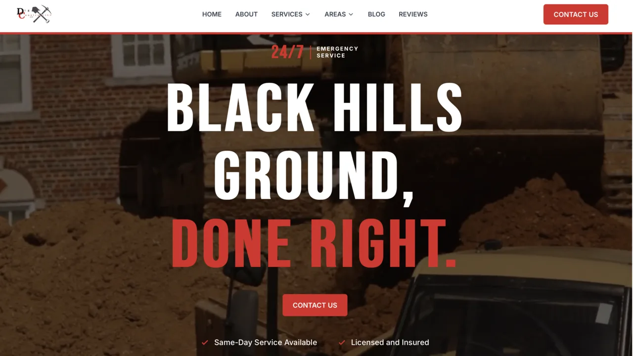 Digger Construction website homepage showing Black Hills excavation work, emergency service messaging, and a contact call to action