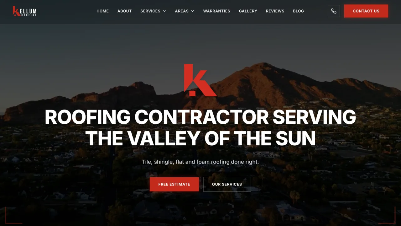 Kellum Roofing website homepage showing the Phoenix mountains, roofing service navigation, and a free estimate call to action