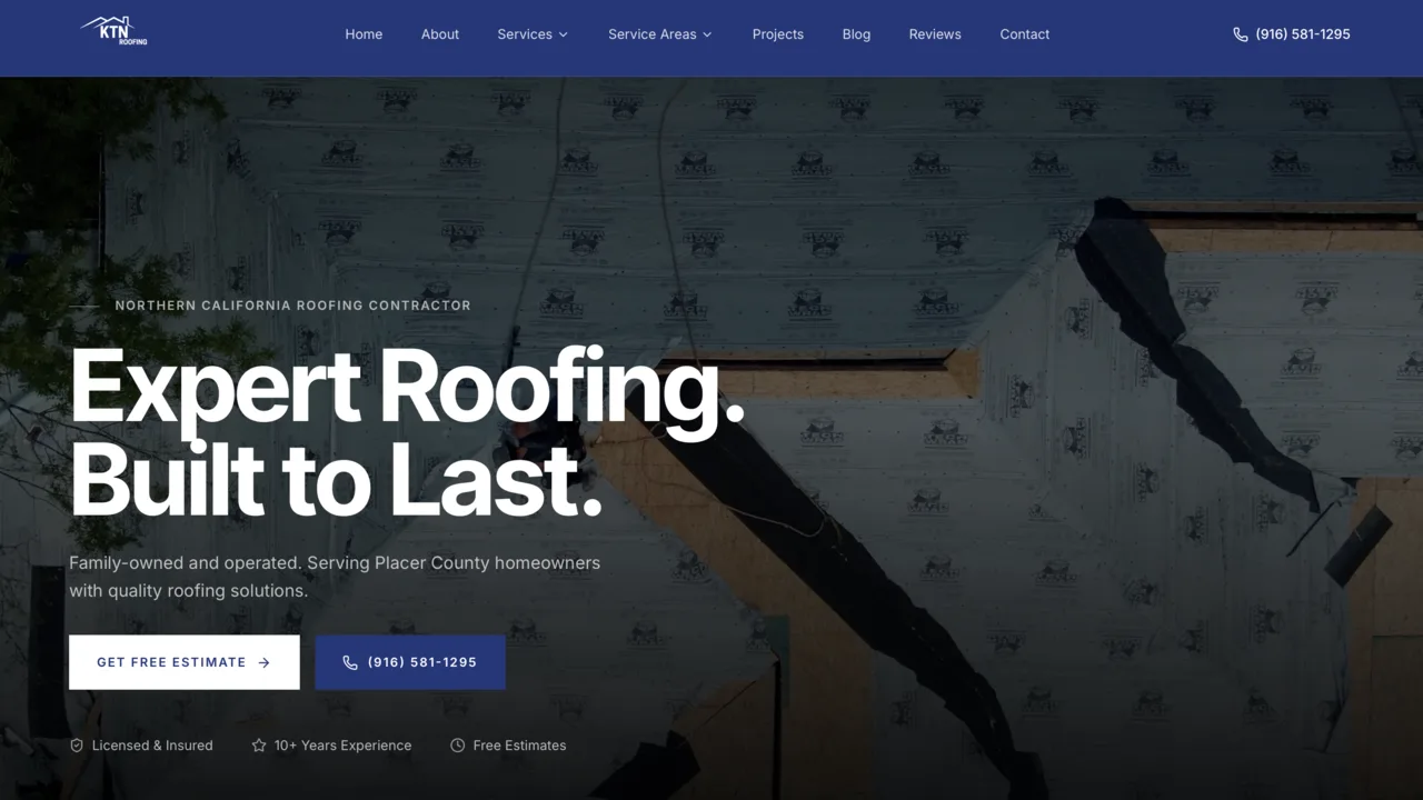 KTN Roofing website homepage showing a Northern California roof project, service navigation, free estimate button, and phone call to action