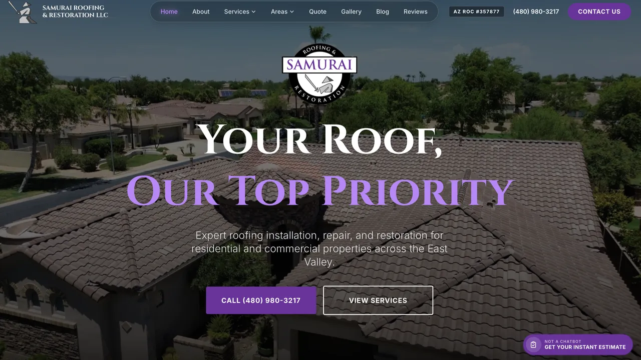 Samurai Roofing and Restoration website homepage showing a tiled Arizona roof, service navigation, and contact calls to action