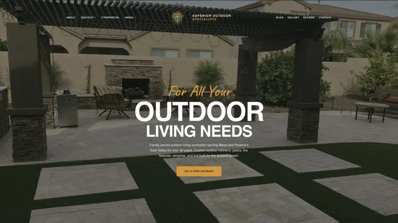 Superior Outdoor Specialists website homepage showing an outdoor living project, service navigation, and estimate calls to action