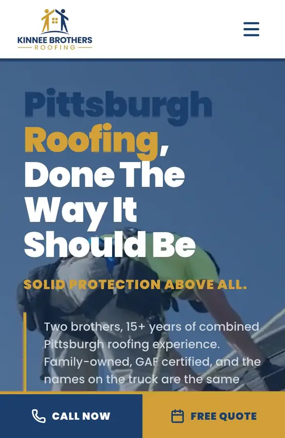 Homepage of Kinnee Brothers Roofing, a YourSites roofing website