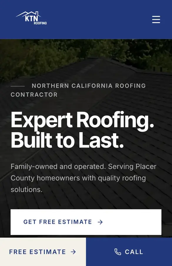 Homepage of KTN Roofing, a YourSites roofing website