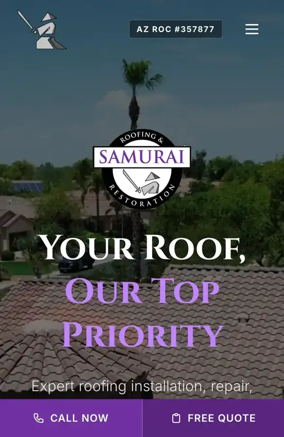 Homepage of Samurai Roofing and Restoration, a YourSites roofing website